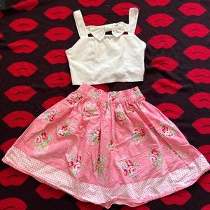 Bonne chance collections retro pink white bow floral top skirt 2 piece XS-S